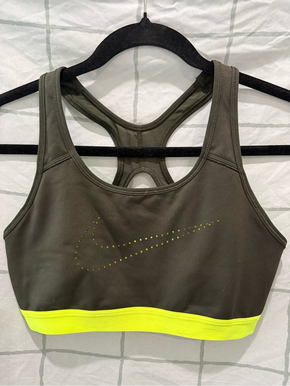 Nike Olive Green Racerback Sports Bra with Neon Yellow Band